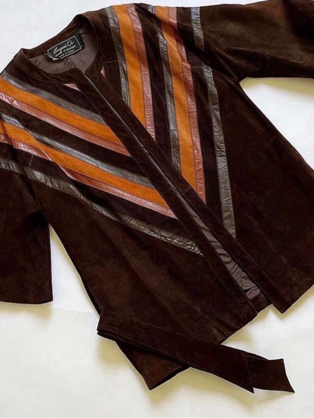 Free People 1970s AuthenticVintage Brown Suede Jacket with Leather Stripe Inlays